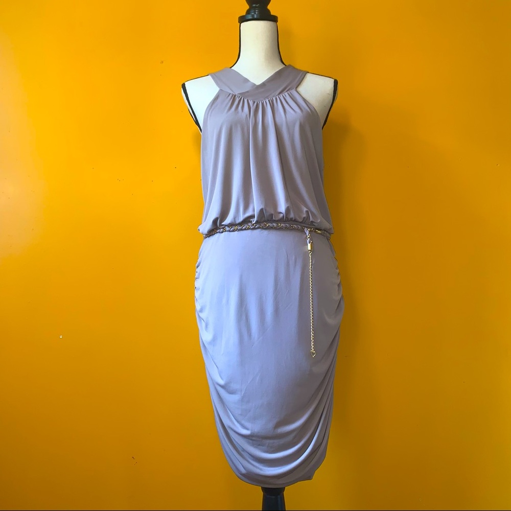 Thalia, sz L, taupe colored drape dress with gold/taupe chain belt